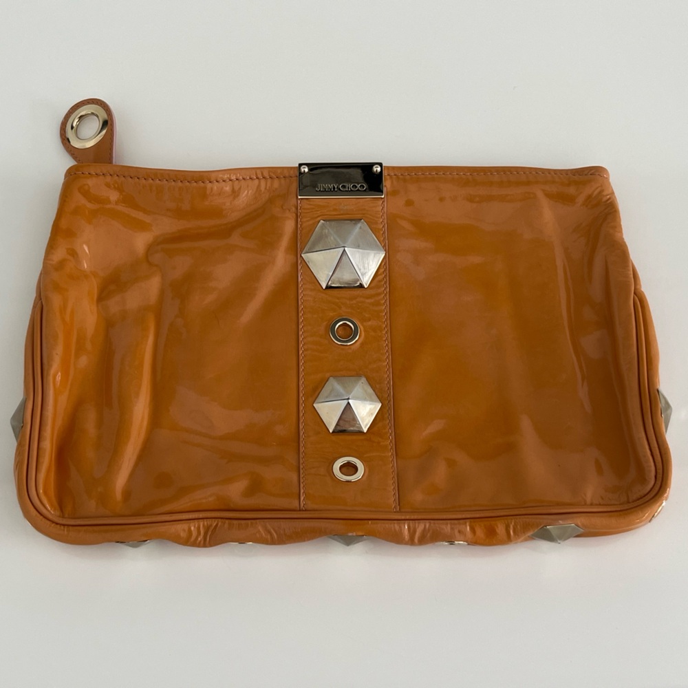 JIMMY CHOO LONDON ORANGE TONE TONE PATENT LEATHER CLUTCH